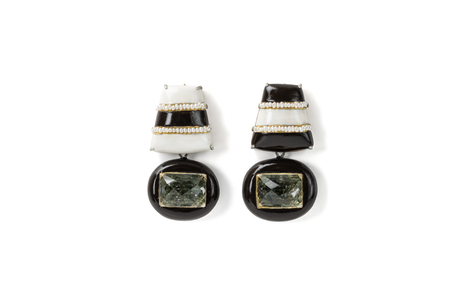 Contemporary Art Jewelry with green tourmalines and rock crystal. Earrings made in Italy by Gian Luca Bartellone, Bodyfurnitures